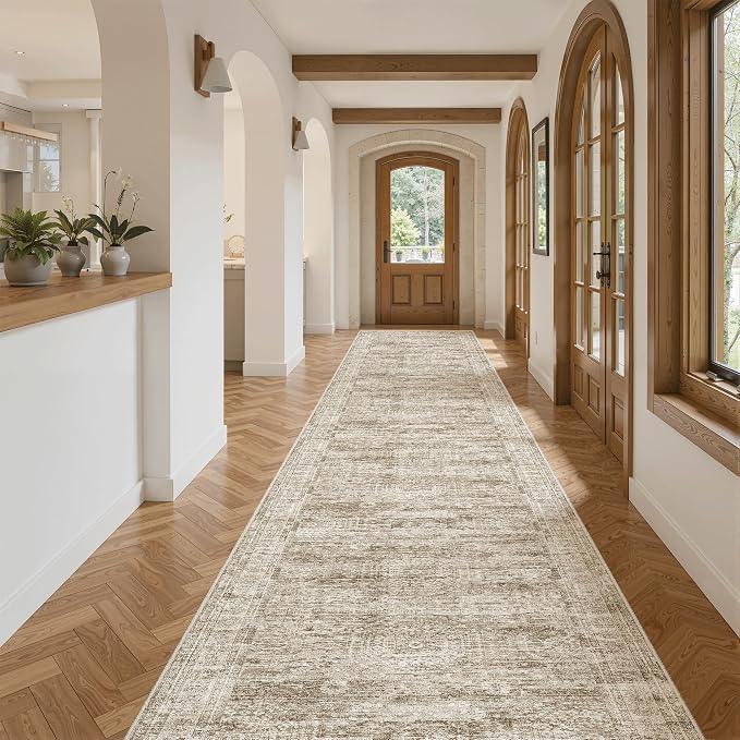 Soalmost Hallway Runner 3x14 - Runner Rugs 14ft Washable Entryway Rug Vintage Kitchen Runners Non Slip Indoor Rug Farmhouse Carpet Runner for Bathroom Living Room Bedroom, Brown