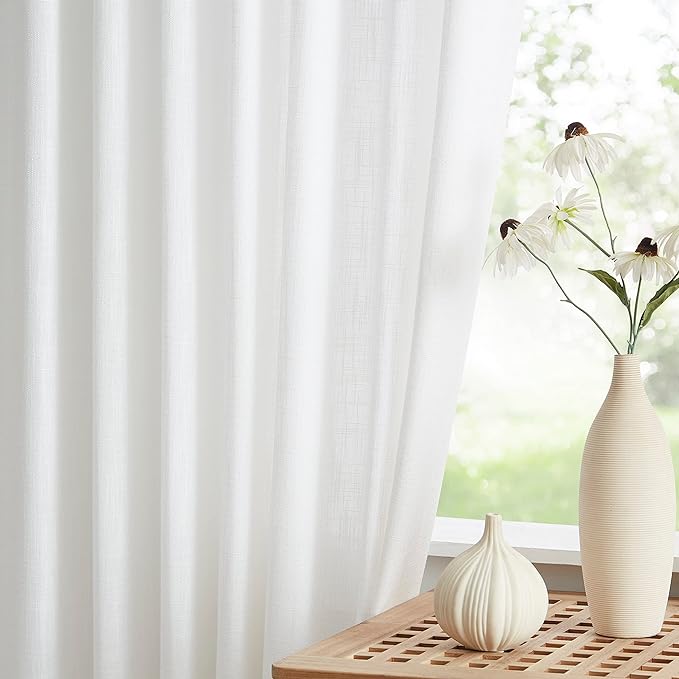 Vision Home White Pinch Pleated Semi Sheer Curtains Textured Light Filtering Window Curtains 108 inch for Living Room Bedroom Patio Rayon Blended Pinch Pleat Drapes with Hooks 1 Panel 80" Wx108 L