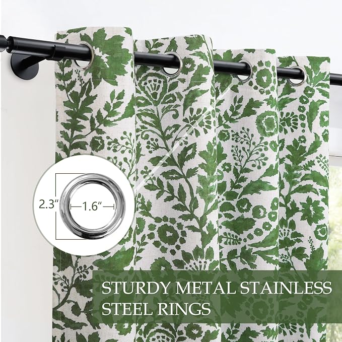 DriftAway Julia 100% Blackout Curtains Grommet 2 Panels, W52xL90, Green | Floral Curtains, Bedroom, Living Room, Linen Blend, Watercolor Pattern, 2 Layers, Thermal Insulated, Window Treatment