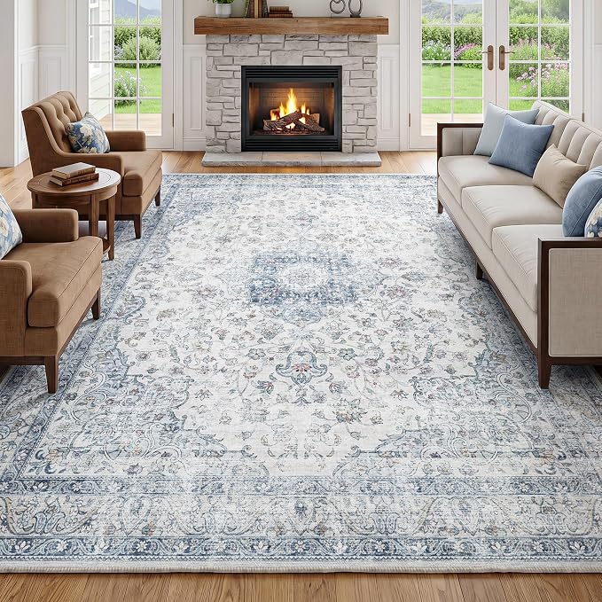 FMFUNCTEX 8x10 Blue Washable Area Rug Vintage Distressed Oriental Non Slip Low Pile Neutral Indoor Carpet for Living Room Bedroom Soft Retro Floral Thin Large Rug for Dining Nursery Office Dorm