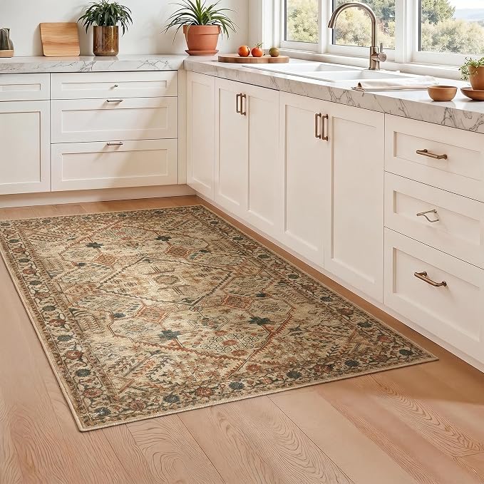 Joydeco 3x5 Area Rugs for Living Room Vintage, Tan | Non Slip Machine Washable Low Pile for Bedroom Dining Room Home Office Pet & Child Friendly