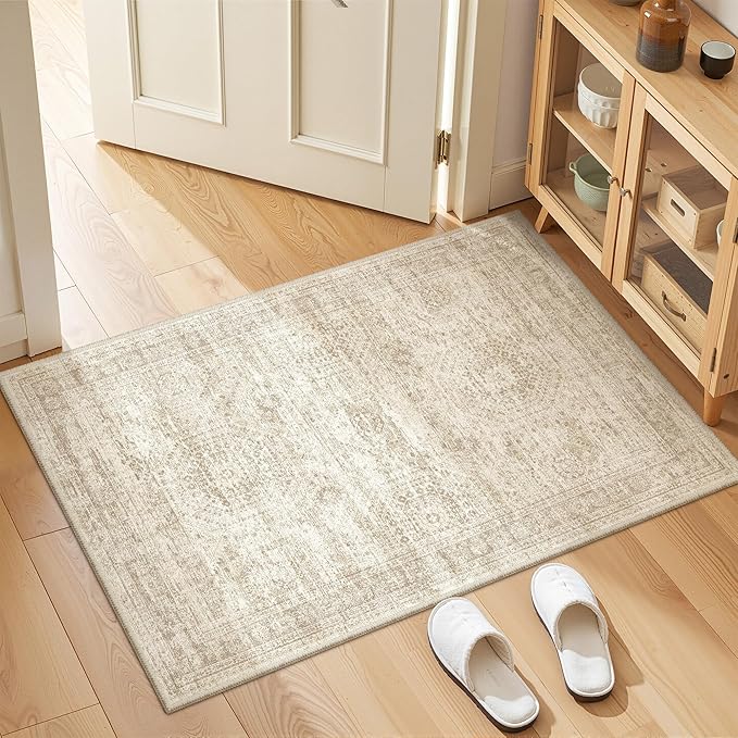 2x3 Rug Non Slip, Small Washable Entryway Rug,Beige | Welcome Mat,Runner for Kitchen,Front Door,Bathroom,Bedroom,Thin Area Rug,Soft Foldable Indoor Carpet,Stain Resistant