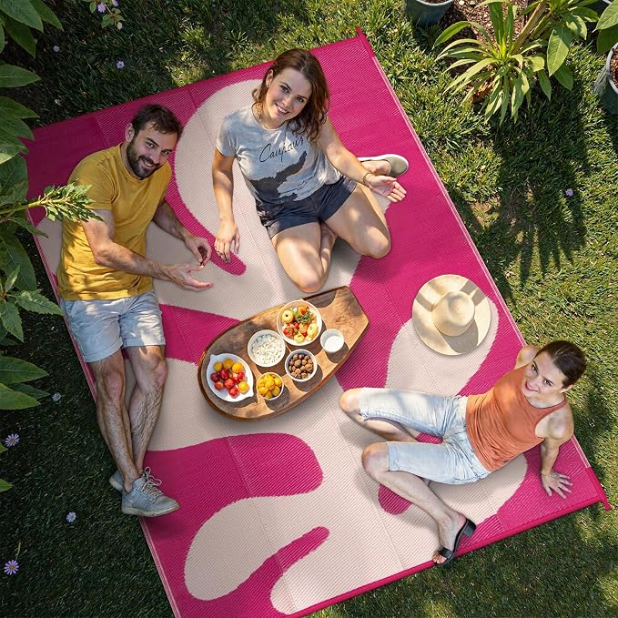 Lahome Plastic Hot Pink Outdoor Rug, Reversible Coral Sea Funky Outdoor Camping Rug, Portable Rv Rugs for Outside Beach Pool Camper Picnic Paio, Pink 8'x10'
