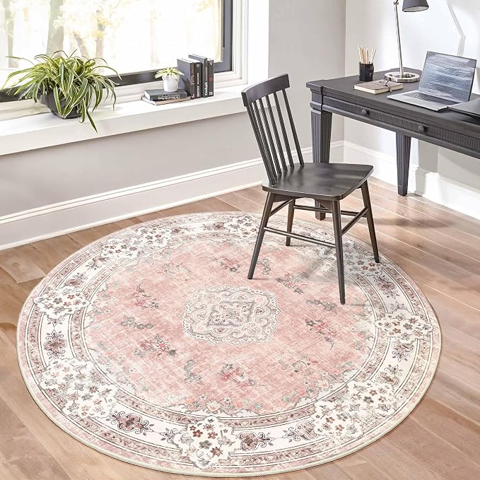 MUJOO Pink Round Rug 5ft,Circle Washable Area Rug Non Slip Low-Pile Floral | Circular Rugs for Bedroom Living Room Dining Room Bathroom Boho Throw Carpet Soft Floor Indoor Flowers Light Blush
