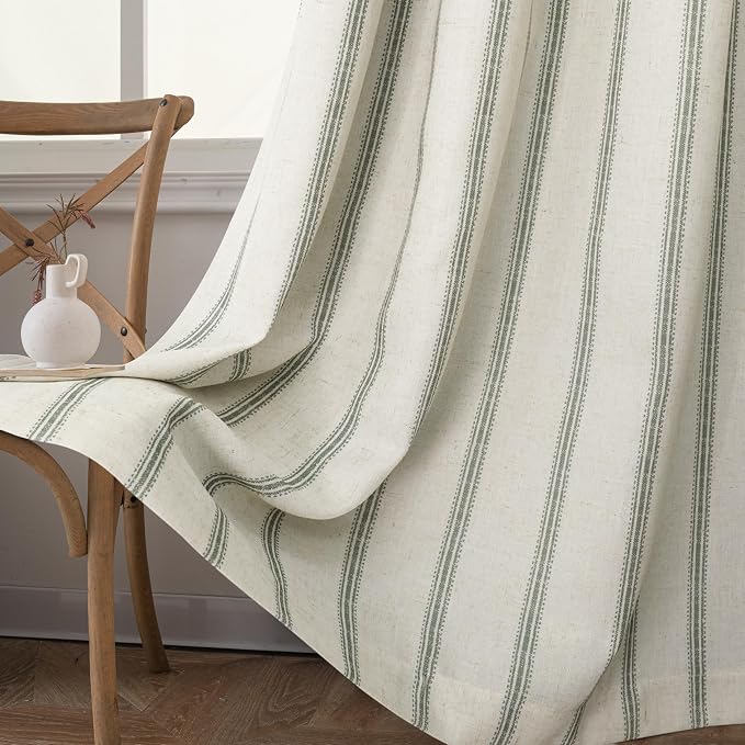 DriftAway Farmhouse Stripe Blackout Curtains, W52xL63, Loden Green | Blackout, Linen Texture, Stripe Pattern, Rod Pocket & Back Tab, Two Layers, Bedroom Living Room Use, Sound Reducing Design
