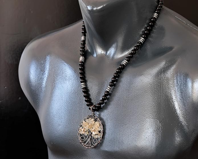 ElisaJewelryArt - Natural Amethyst Big Tree Of Life Pendant Black Onyx Stone Beaded Necklace Genuine Gemstone Feng Shui Stone Clasp Closure Necklace Unisex Necklace