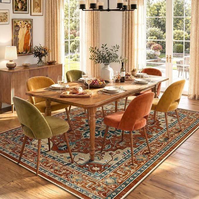 RELEANY Area Rugs 5'x7' Washable Non-Slip, Floral Vintage Distress Medallion Carpet for Living Room Bedroom Dining Room, Red Orange Blue Brown