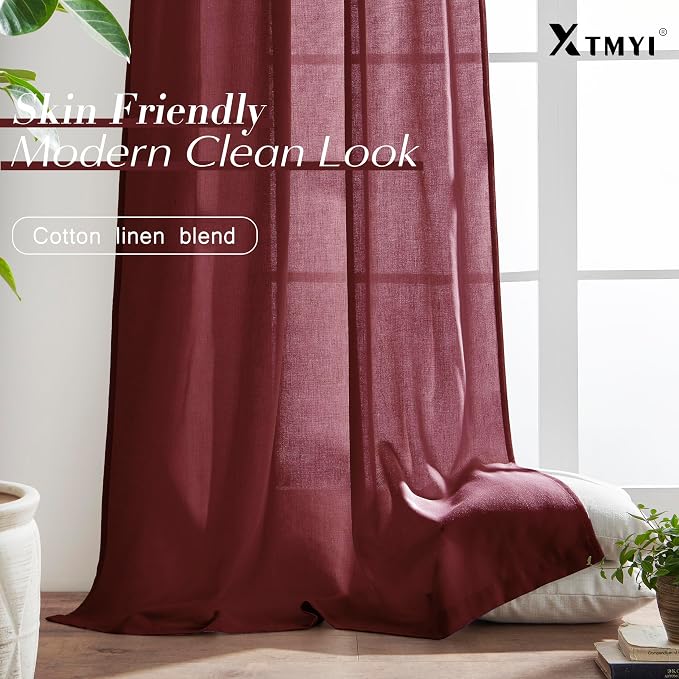 XTMYI Maroon Wine Red Curtains 96 Inches Long for Living Room 2 Panels Set, Linen Hooks Track Country Farmhouse Curtains for Dining Room Bedroom