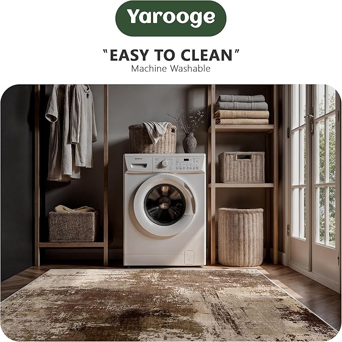 8x10 Rugs for Living Room - Modern Abstract Washable Rug, Ultra Soft Non Slip Low Pile Large Rugs, Floor Carpet for Bedroom Dining Room Office Laundry Nursery Home(A-Brown)