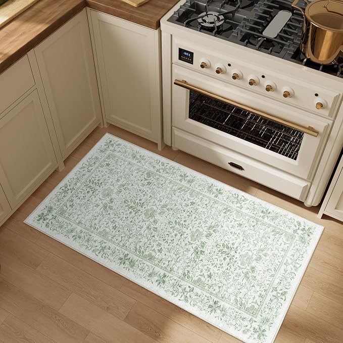 DUKINO 2x4 Rug, Washable Vintage Floral Bathroom Runner Rug, Sage Green | Non Slip, Low Pile, Stain Resistant, Aesthetic Lightweight Soft Indoor Carpet for Kitchen Entryway Hallway Bathroom Bedroom