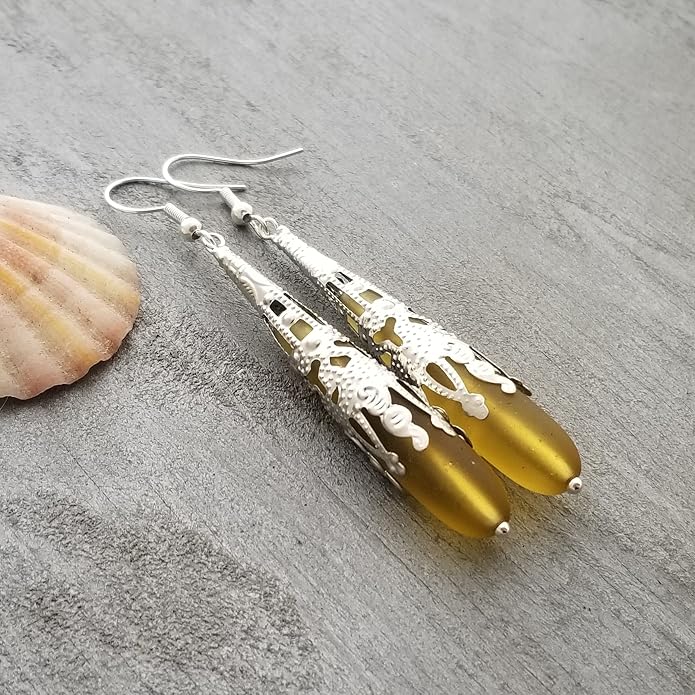 Handmade Sea Glass Earrings, Hawaiian Jewelry for Women, Long Teardrop Earrings Beach Jewelry, Sea Glass Jewelry For Women Birthday Gift For Her
