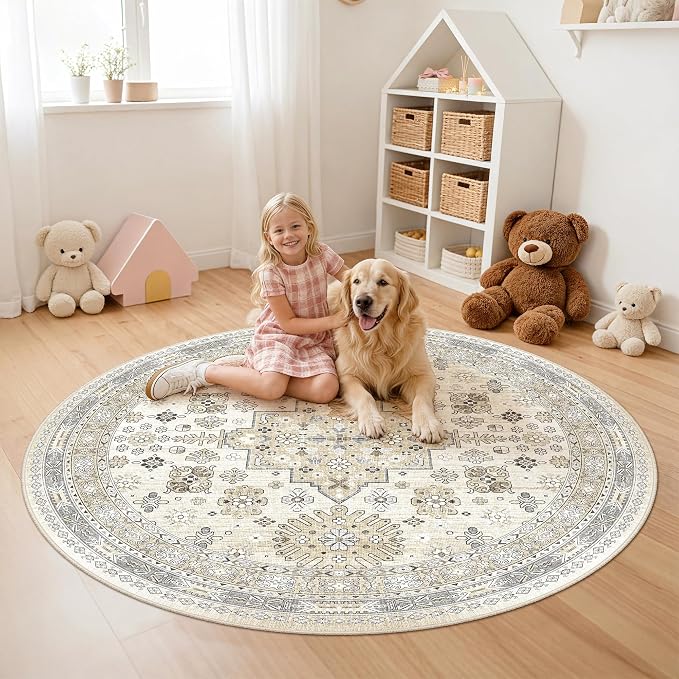 zesthome Washable Round Area Rugs - Non-Slip 6ft Round Rugs, Ultra-Thin Large Circle Rugs for Living Room, Soft Low Pile Rug for Bedroom, Kitchen, Nursery - Vintage Stain Resistant Round Rug