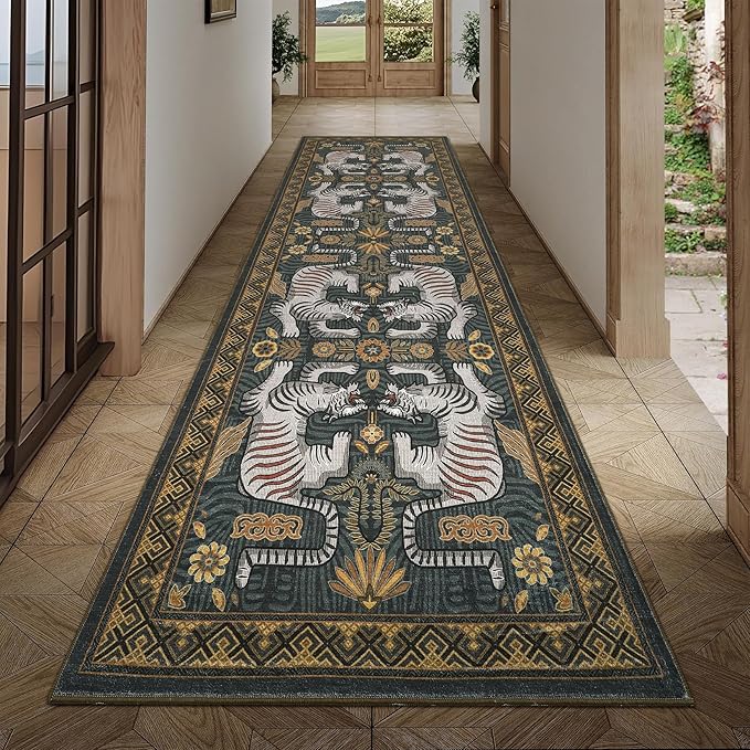 GarveeHome Tiger Print 2'6"x8' Washable Non Slip Runner Rugs for Hallways, Boho Blue Kitchen Runner Ultra Thin Soft Vintage Tribal Indoor Throw Floor Carpet for Entryway Bedroom Bathroom