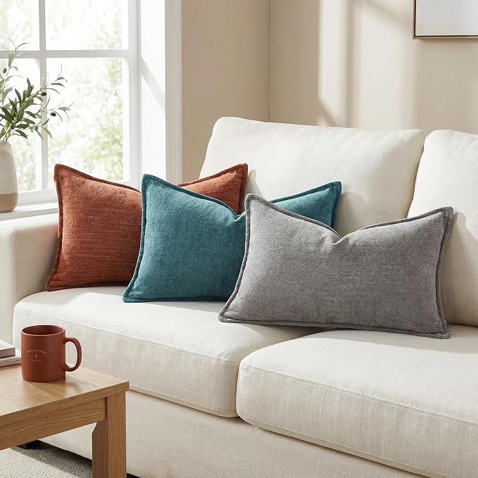 12x20 Inches Throw Pillow Covers Set of 4 Soft Textured Chenille Decorative Cushion Cases for Couch Sofa Bed Modern Farmhouse Neutral Accent Covers with Hidden Zipper Colorful