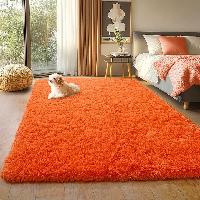 Orange Shag Rug for Bedroom, 4x5.9 Fluffy Area Rugs for Living Room | Soft and Comfy, Fuzzy Bedside Carpet for Nursery and Kids Room, Girls, Boys Dorm Home Decor Aesthetic, Upgrade Non Slip