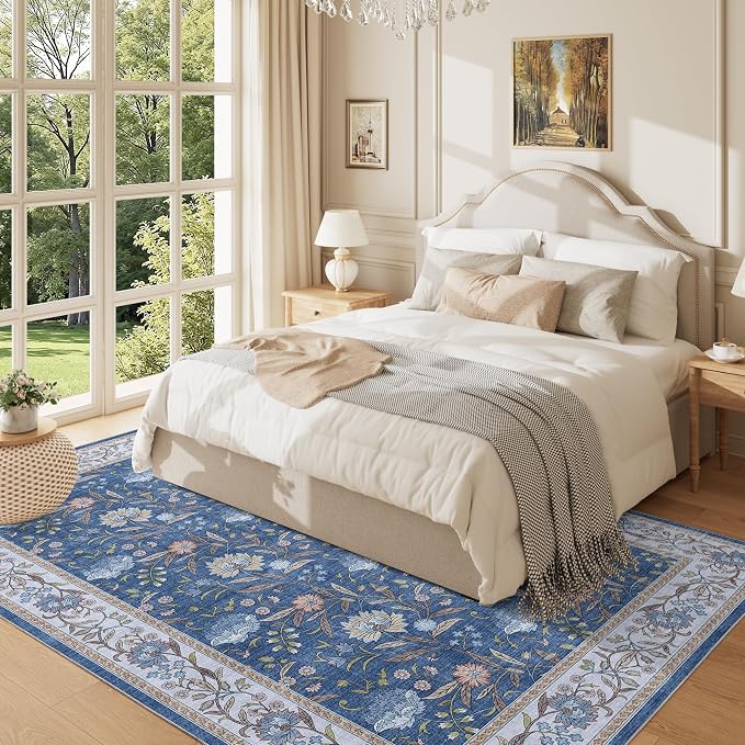 DUKINO 5x7 Area Rug, Vintage Floral Washable Rug for Living Room, Sky Blue | Non Slip, Low Pile, Non-Shedding, Stain Resistant Lightweight Boho Soft Carpet for Bedroom Home Office Dining Room Farmhouse