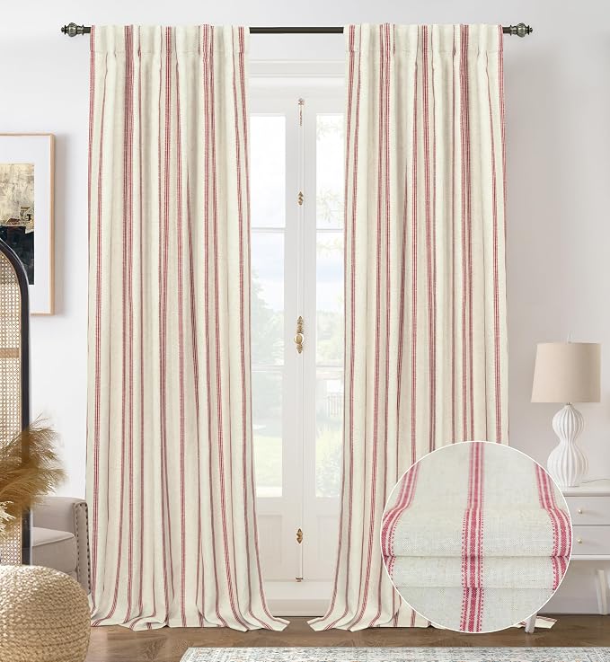 DriftAway Farmhouse Stripe Blackout Curtains, W52xL108, Red | Blackout, Linen Texture, Stripe Pattern, Rod Pocket & Back Tab, Two Layers, Bedroom Living Room Use, Sound Reducing Design
