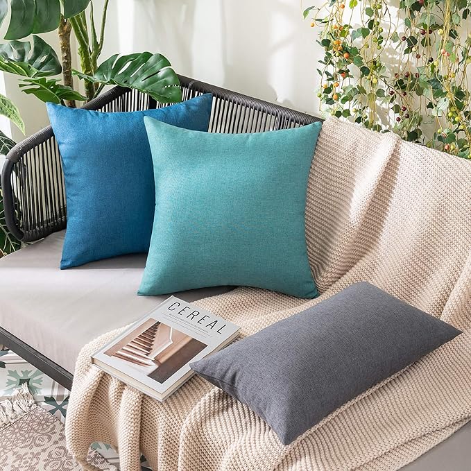 MIULEE Pack of 2 Decorative Outdoor Solid Waterproof Throw Pillow Covers Faux Linen Garden Farmhouse Coastal Cushion Cases for Summer Patio Tent Balcony Couch Sofa 20x20 Inch Turquoise