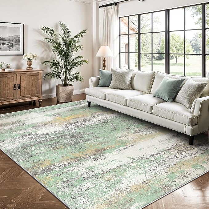 5x7 Area Rugs, Abstract Modern Ultra Soft Washable Rug, Non Slip Carpet with Rubber Back Stain Resistance Rugs for Living Room, Bedroom, Dining Room Decor(Light Green/Cream)