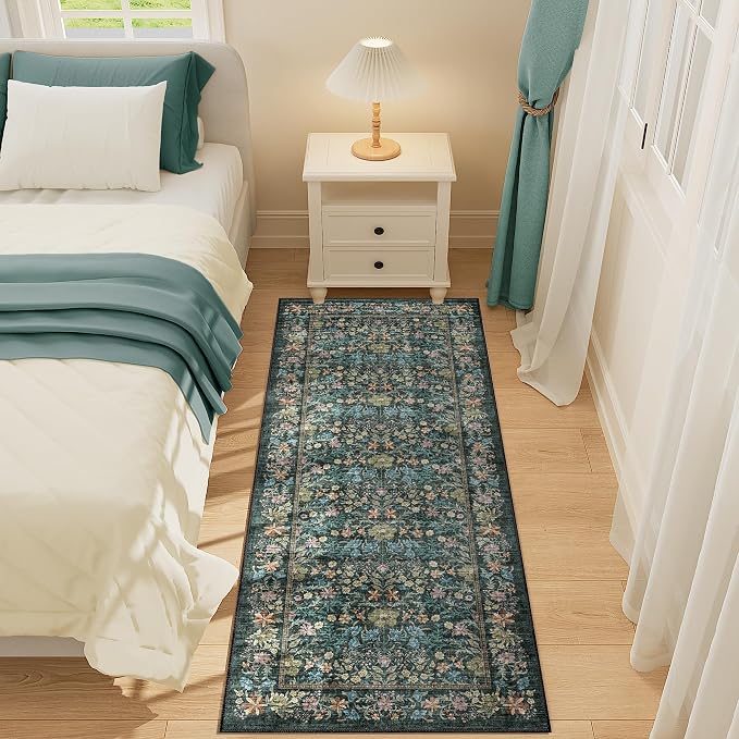 DUKINO 2x5 Rug Runner, Washable Vintage Floral Bathroom Rugs, Blue | Non Slip, Low Pile, Stain Resistant, Lightweight Soft Carpet Runner for Laundry Room Kitchen Hallway Bedroom, Non-Shedding