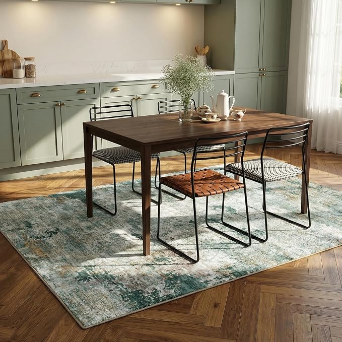 Modern Abstract Area Rug Distressed Faux Wool Stain-Resistant Carpet for Bedroom Boho Living Room Decor 0.26 Inch Low Pile Non Slip Floor Mat, 3'x5', Sage Green