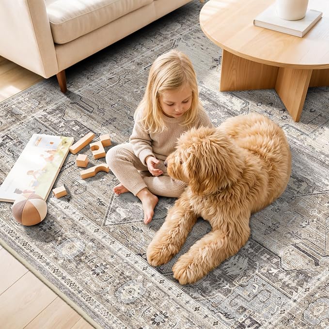 7x8 Area Rug for Living Room: Washable Ultra Thin Soft Rugs with Non-Slip Backing Oriental Easy Care Farmhouse Carpets for Bedroom Dining Room Home Office and High-Traffic Areas 7x8 Beige