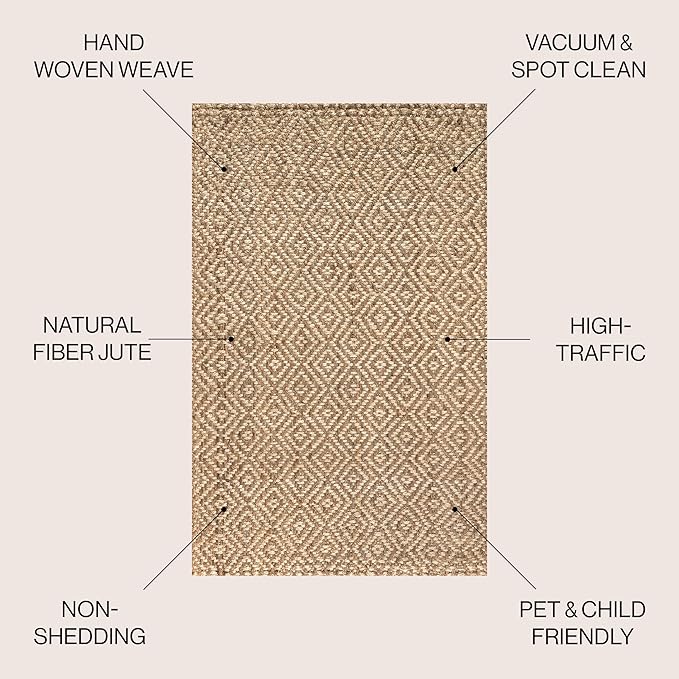 JONATHAN Y Hira Hand Woven Diamond Chunky Jute Natural 5x5 Square Indoor Area Rug, Bohemian, Transitional, Easy-Cleaning for Living Room, Bedroom, Kitchen, Pet Friendly, Non-Shedding (NFR100A-5SQ)