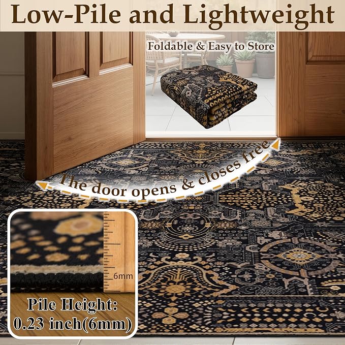 Ruaruarug Area Rug 5'×7', Non Slip Machine Washable Ultra Soft Stain & Fade Resistant, Pet & Kids Friendly, for Living Room/Bedroom/Kitchen/Classroom, Black and Gold