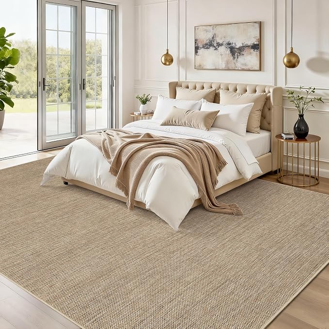 GarveeHome 9x12 Large Area Rug for Living Room Easy Jute Modern Rugs | Non Slip Low Pile Neutral Bordered Solid Tan Dining Room Rugs Washable Carpet for Bedroom Home Office Decor, Jute