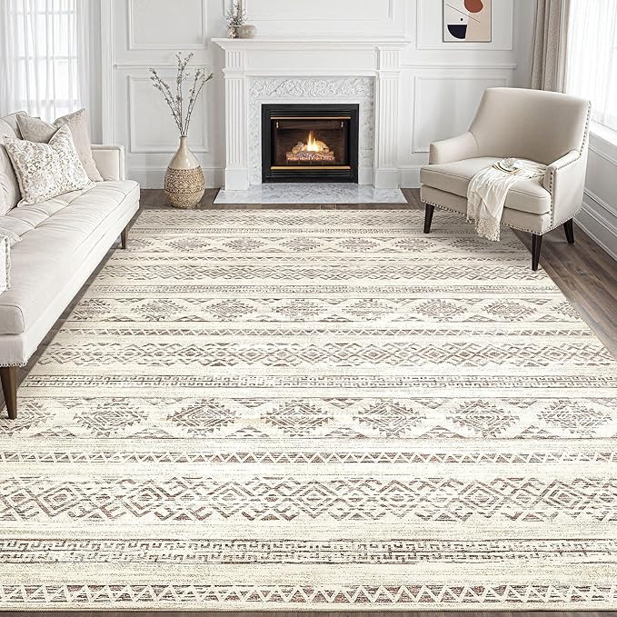 Tortania Area Rug Living Room Rugs - 7x9 Washable Large Soft Neutral Boho Moroccan Bohemian Farmhouse Rug Indoor Floor Carpet for Bedroom Under Dining Table Home Office Decor - Brown