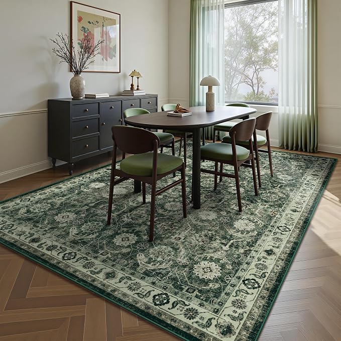 Living Room Rug 6x9, Soft Non Slip Low Pile Washable Rug, Boho Modern Area Rug for Bedroom, Dining Room, Sage Green