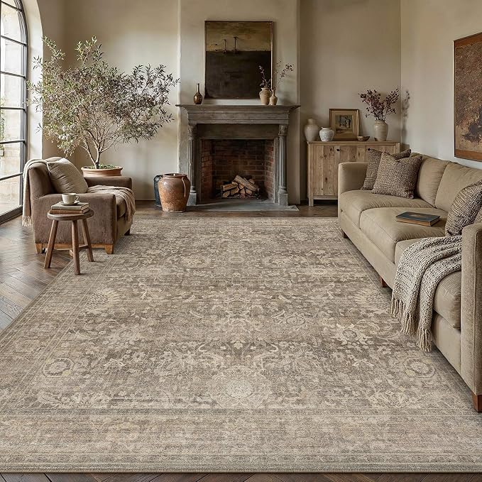 HUGEAR Area Rugs 9x12 Light Brown Washable Rug for Living Room Bedroom Large Neutral Vintage Rug Carpet Distressed Soft Durable Non Slip No Shedding for Indoor Dining Nursery Farmhouse