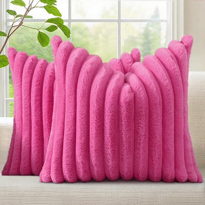 decorUhome Fall Faux Fur Throw Pillow Covers 22x22 Set of 2 Hot Pink | Decorative Soft Cozy Striped Plush Modern Farmhouse Boho Couch Pillow Cases Velvet Back for Sofa Bed Living Room Home Decor