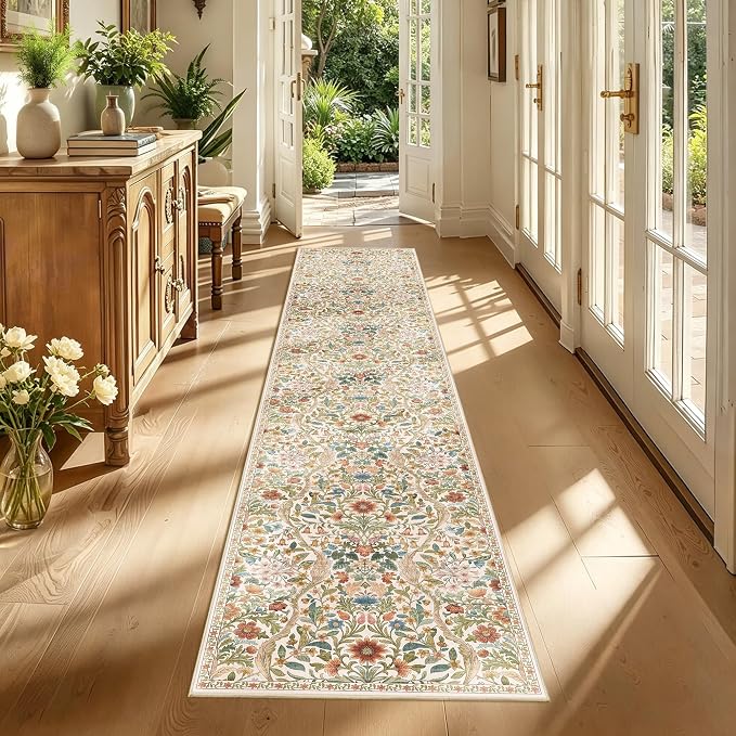 2x10 Washable Runner Rug,Beige Floral Boho Area Rug for Hallway,Low-Pile Non-Slip Stain Resistant Carpet for Kitchen, Bedside,Laundry Room,Entryway