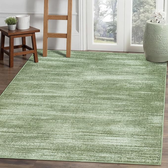Dark Green Rug 5x7 for Dining Room Under Table Neutral Washable Area Rugs | Low Pile Non Slip Floor Carpet, for Dorm Bedroom Office, Olive Green, Aesthetic Abstract, Foldable Rubber Backing, 5 By 7