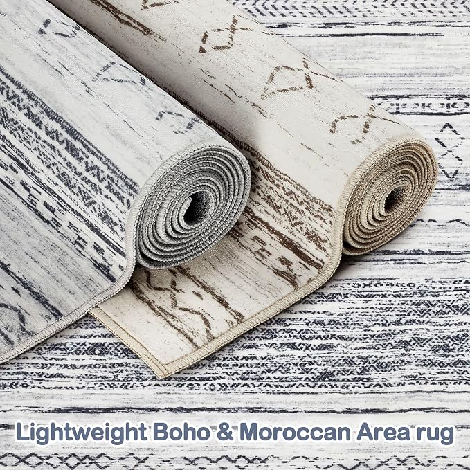Tortania Area Rug Living Room Rugs - 5x8 Washable Large Soft Neutral Boho Moroccan Bohemian Farmhouse Rug Indoor Floor Carpet for Bedroom Under Dining Table Home Office Decor - Grey