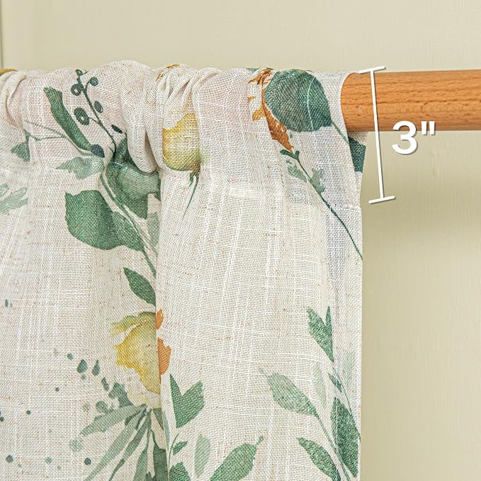 MYSKY HOME Floral Kitchen Curtains 36 Inches Linen Tier Curtains Farmhouse Green Flower Patterned Small Window Treatments Airy Light Filtering Rod Pocket for Living Room Bathroom 2 Panels, Each 26" W