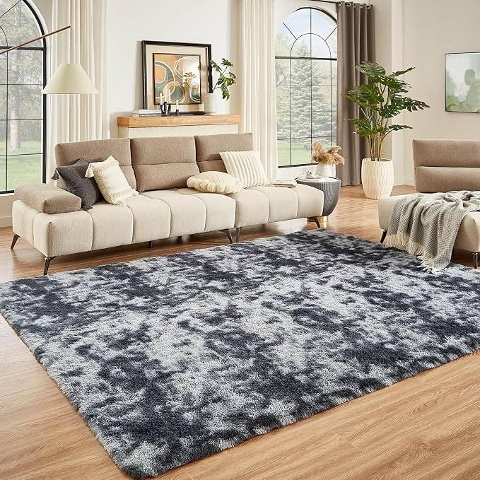 Floralux 9x12 Shag Rug for Living Room, Tie-Dyed Dark Grey, Soft Area Rugs for Bedroom