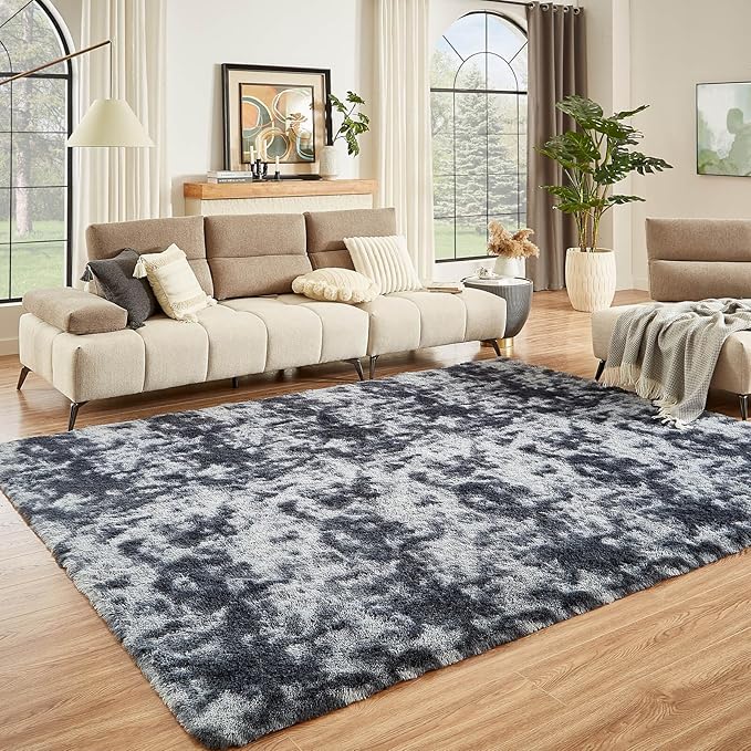 Floralux 8x10 Rugs for Living Room, Tie-Dyed Dark Grey, Ultra Soft Large Shag Bedroom Rug, Fluffy Plush Modern Floor Carpet