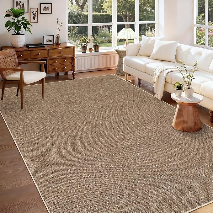 GarveeHome 9x12 Large Area Rug for Living Room Easy Jute Modern Rugs | Non Slip Low Pile Neutral Bordered Solid Tan Dining Room Rugs Washable Carpet for Bedroom Home Office Decor, Brown