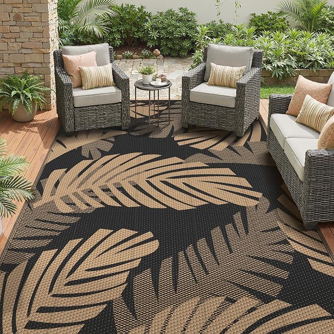 GENIMO Outdoor Rug, Waterproof Plastic Rugs for Patio, 9'x12' Black Brown | Outside Larger Leaf Carpet Mat for Porch Decor, Deck, Balcony, Camping, RV, Backyard, Picnic, Beach, Reversible, Foldable