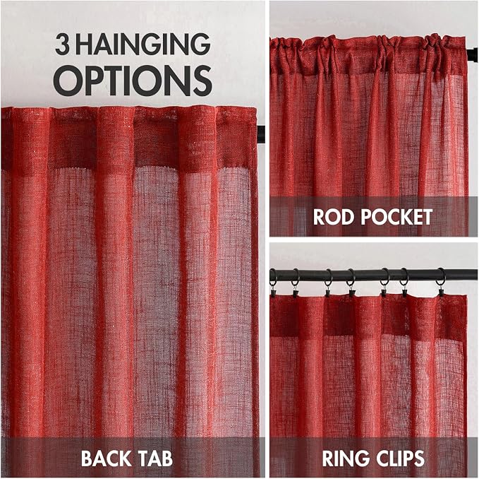 MIULEE Red Linen Curtains 108 Inches Long for Bedroom Living Room, Soft Thick Linen Textured Window Drapes Semi Sheer Light Filtering Back Tab Rod Pocket Burlap Look Christmas Decor, 2 Panels