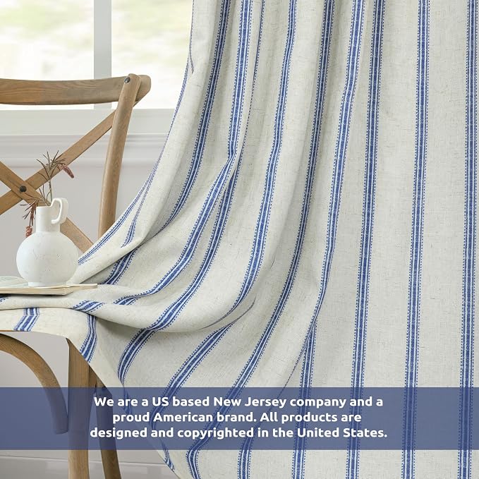 DriftAway Farmhouse Stripe Blackout Curtains, W52xL63, Navy | Blackout, Linen Texture, Stripe Pattern, Rod Pocket & Back Tab, Two Layers, Bedroom Living Room Use, Sound Reducing Design