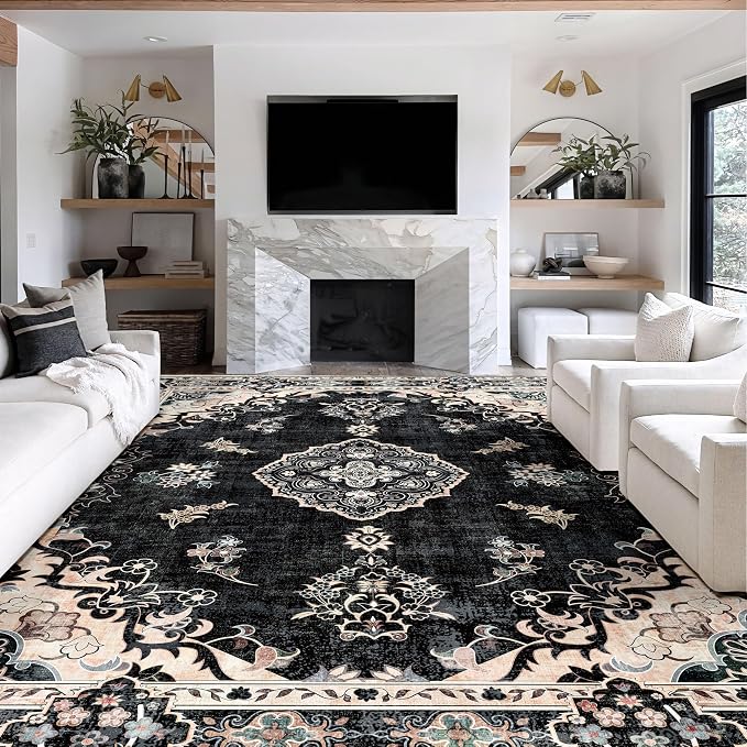 MUJOO 9x12 Area Rug Black Washable Rug Non Slip Low-Pile Floral Large | Machine Washable Throw Carpet for Living Room Bedroom Dining Room Boho Soft Big Floor Indoor Vintage Bohemian Flowers