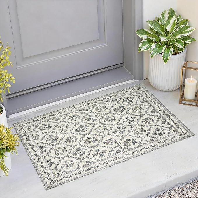 Bluish Green Floral Area Rug for Entryway Rug 2x3 Washable Small Mat Low Pile Non Slip Entry Soft Farmhouse Indoor Entrance Door Mat for Kitchen Bedroom Home Office Blue and White