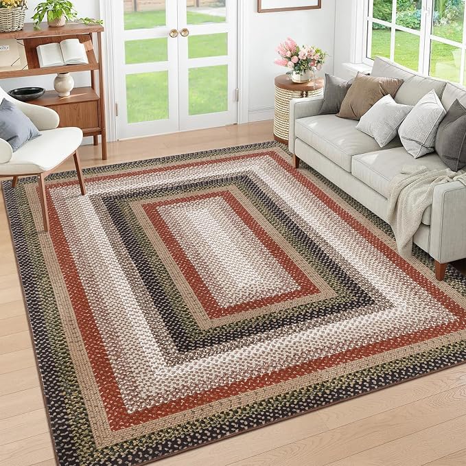RUGSREAL Modern Rug for Entryway 3x5 Braided Rug Machine Washable Living Room Area Rug Non Slip Small Dining Room Throw Carpet Stain Resistant Farmhouse Rustic Rug for Bedroom Kitchen, Crimson/Earthy
