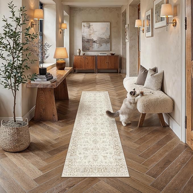 2x6 Washable Neutral Runner Rug for Kitchen Hallway Beige Floral Soft Non Slip Rug Low Pile Distressed Carpet for Bathroom Bedroom Indoor Nursery