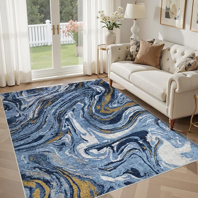 DMOYEST 6x9 Area Rug for Living Room - Washable Neutral Modern Abstract Rugs Soft Non-Slip Carpet Low Pile Indoor Floor Mat for Bedroom & Dining Room Decor for Families with Kids and Pets - Dark Blue