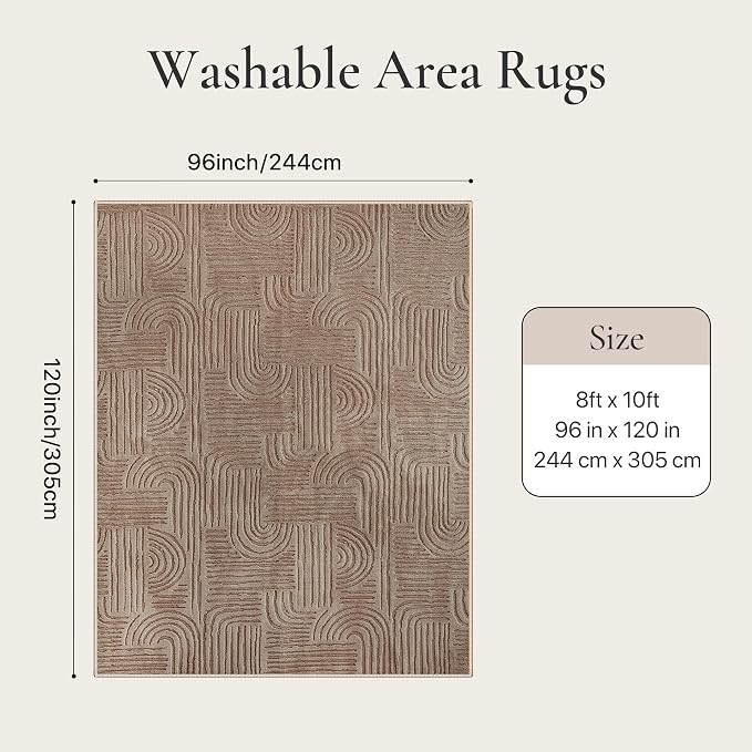 GENIMO Soft Washable Area Rugs 8x10, 3D Modern Arch Pattern Living Room Rug, High-Low Pile Textured Non Slip Carpet, Non-Shedding Stain Resistant Light Brown Rugs for Bedroom, Dining Room, Nursery