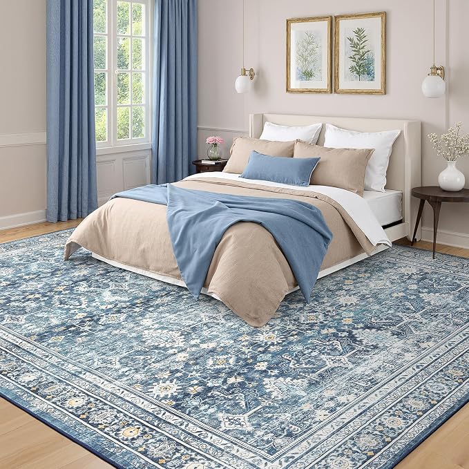 Lofus 9x12 Area Rug for Living Room,Blue Washable Area Rugs with Non-Slip Backing,Soft Boho Carpets for Bedroom Dining Room Home Office Indoor Nursery